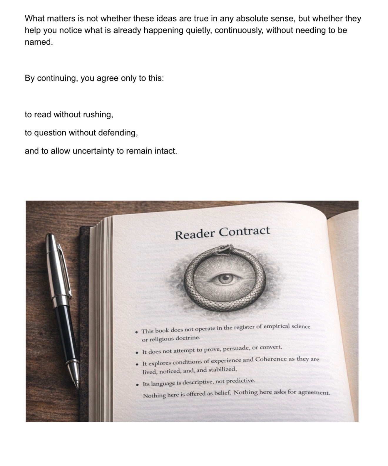 Open book with a pen on a wooden surface, featuring text about a 'Reader Contract'.