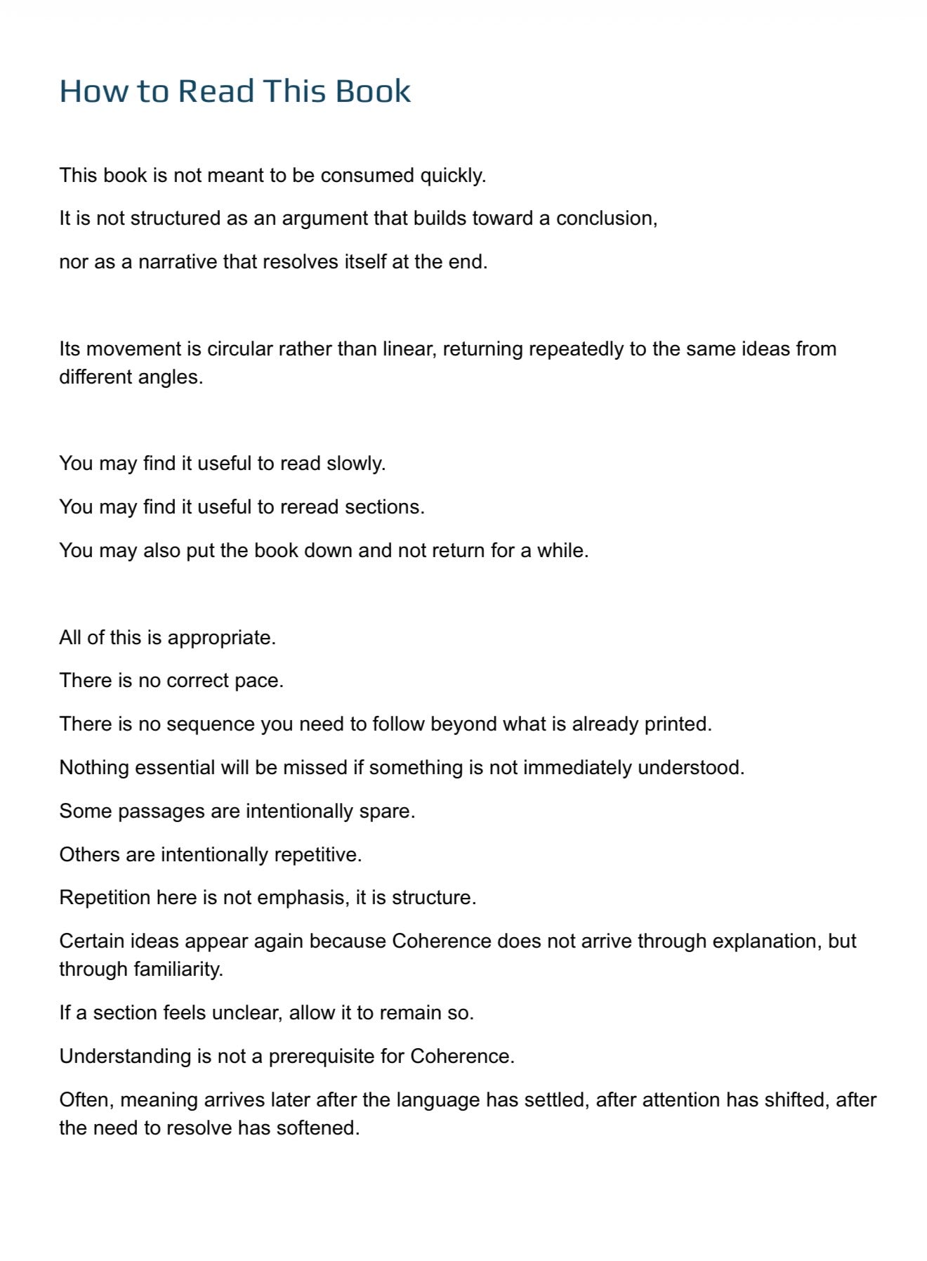 Text on a white background explaining the structure and reading method of a book.